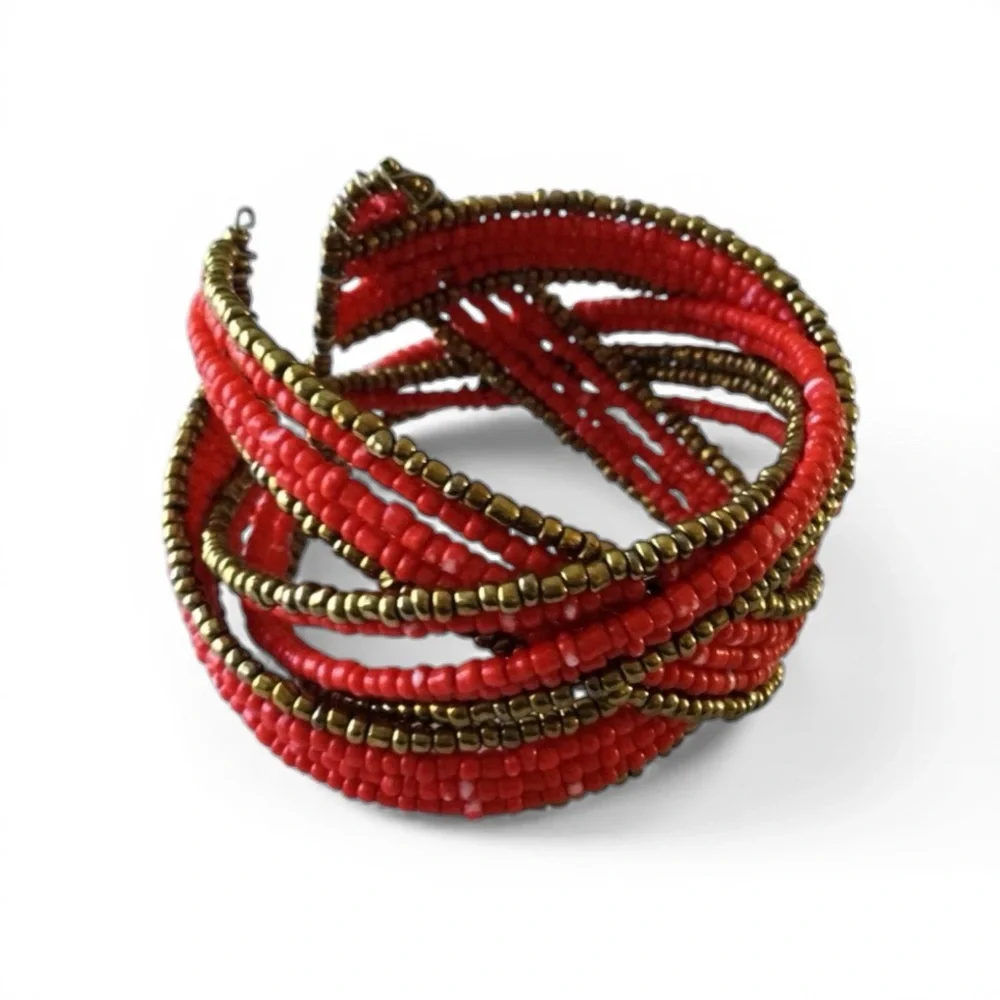 Handmade Twisted Flexible Seed Bead Braided Open Cuff Bracelet – Red & Gold